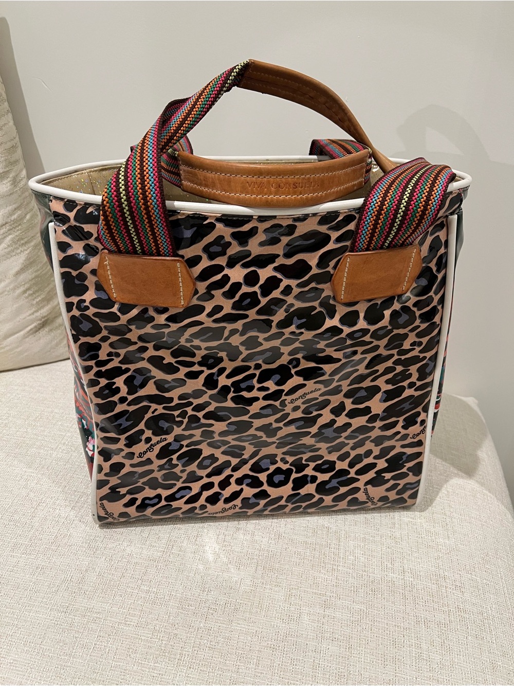 Leopard Print Consuela Tote Bag with Striped Handles - Women